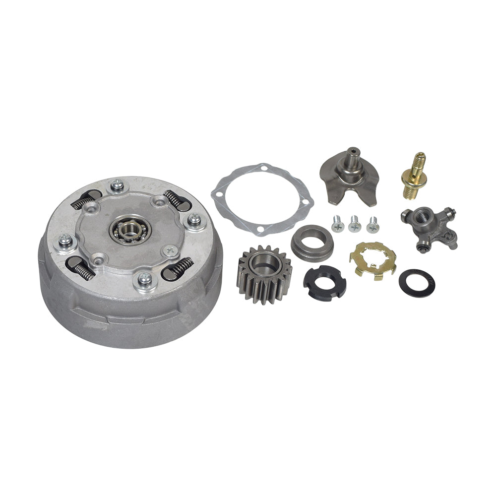 17-Tooth Clutch Assembly for Semi-Automatic 50cc - 110cc ATVs, featuring close-up views of metal gears, screws, and assembly parts, highlighting its robust and durable design for popular Chinese-made ATVs and dirt bikes.