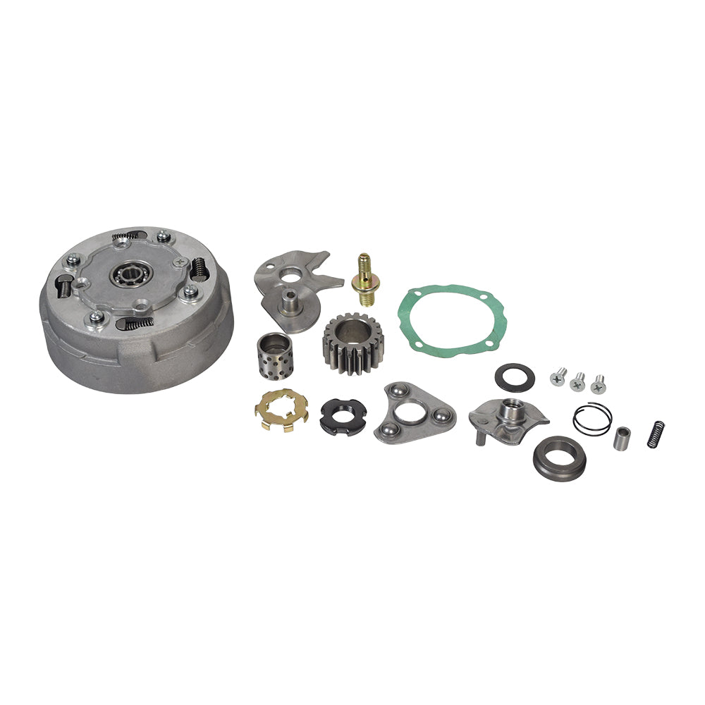 18-Tooth Clutch Assembly for Semi-Automatic 50cc - 110cc ATVs shown with a metal cylinder, gear parts, green gasket with holes, and black wire, highlighting its robust build and compatibility.