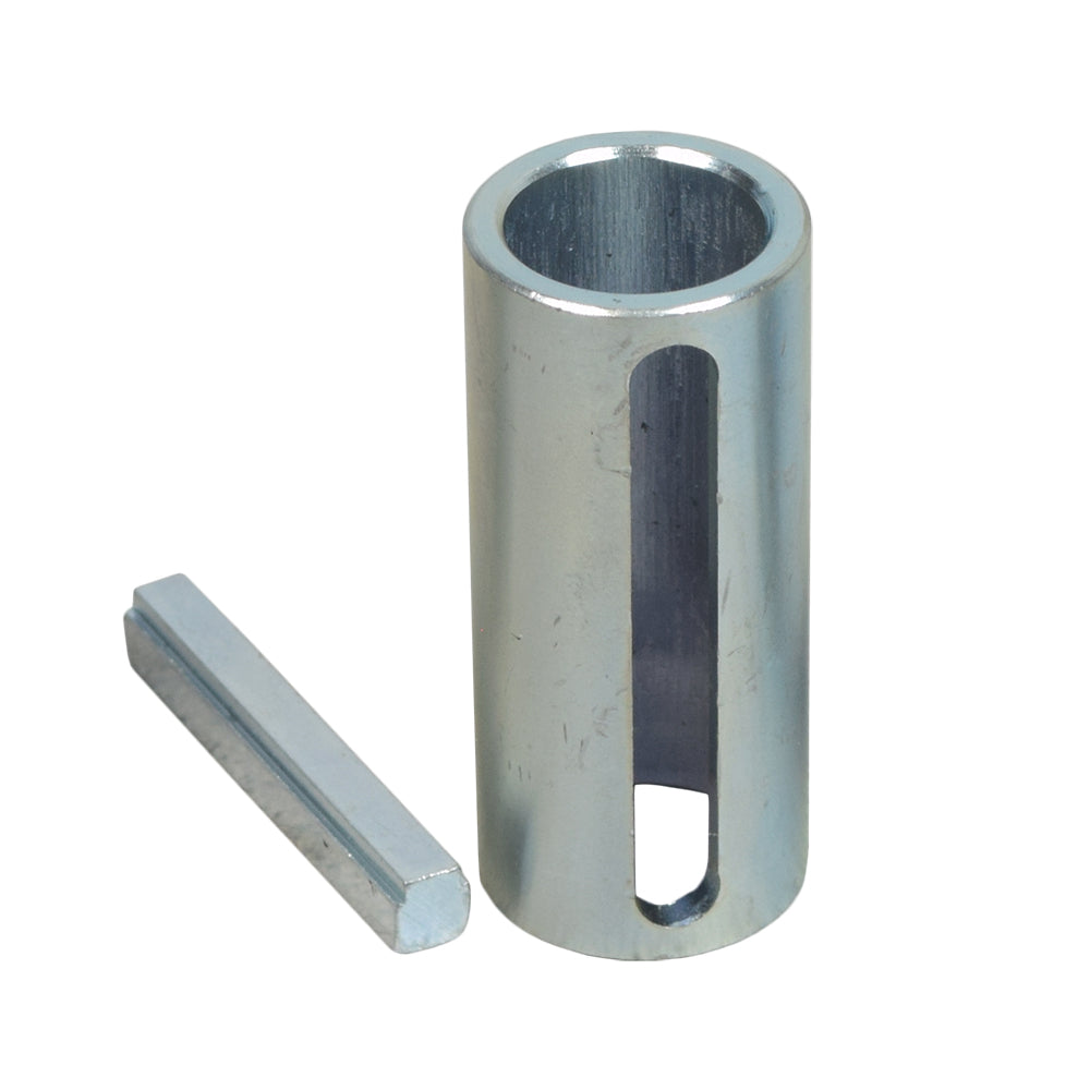 Shaft Sleeve Adapter with Step Key for Go-Kart Engines, shown as a metal cylinder with a hole, designed to increase crankshaft diameter for larger wheels and pulley compatibility.