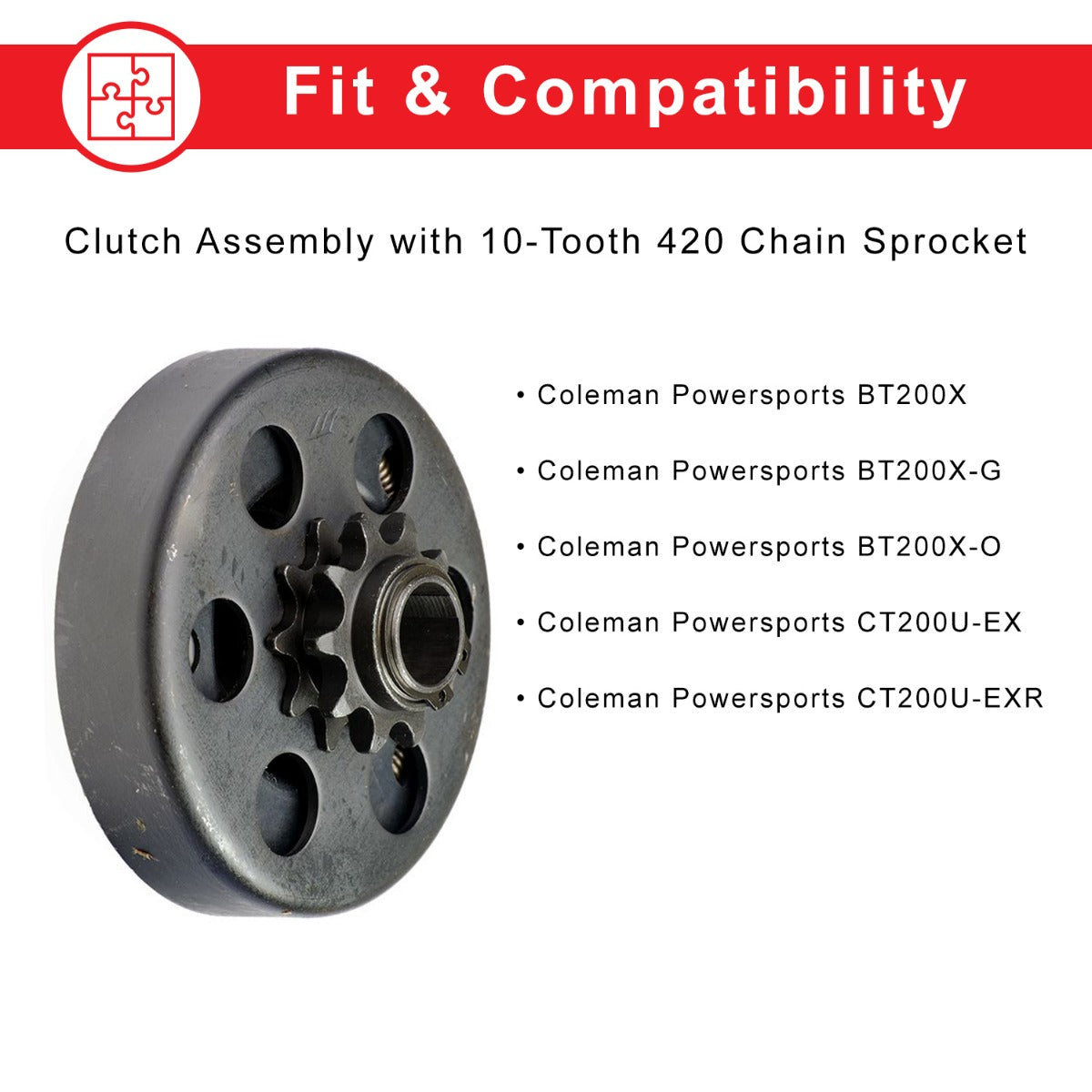 Clutch Assembly with 10-Tooth 420 Chain Sprocket for the Coleman BT200X, CT200U Trail & CT200U-EX Mini Bikes, featuring a black circular metal object with a sprocket.