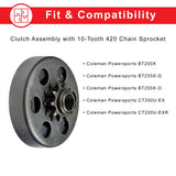 Clutch Assembly with 10-Tooth 420 Chain Sprocket for the Coleman BT200X, CT200U Trail & CT200U-EX Mini Bikes, featuring a black circular metal object with a sprocket.