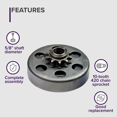 Close-up of the Clutch Assembly with 10-Tooth 420 Chain Sprocket for Coleman BT200X, CT200U Trail & CT200U-EX Mini Bikes, showcasing the gear and sprocket components.