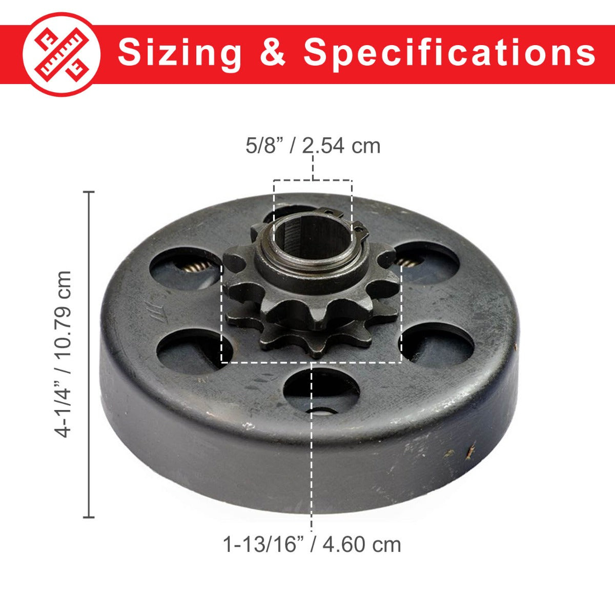 Clutch Assembly with 10-Tooth 420 Chain Sprocket for the Coleman BT200X, CT200U Trail & CT200U-EX Mini Bikes, showing a black metal object with a sprocket and a nut.