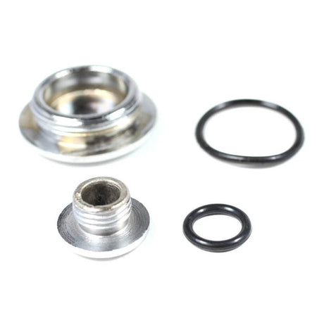 Engine Housing & Stator Cover Cap Plug Set for TaoTao ATK125A, GK110, & Jeep Auto Go-Karts, featuring two threaded metal plugs with matching O-rings for secure sealing.