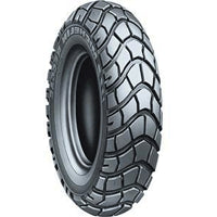 Yamaha Zuma 120/90-10 Front Scooter Tire featuring a close-up of its knobby tread pattern, designed for excellent grip on loose surfaces, suitable for all-season on- and off-road use.