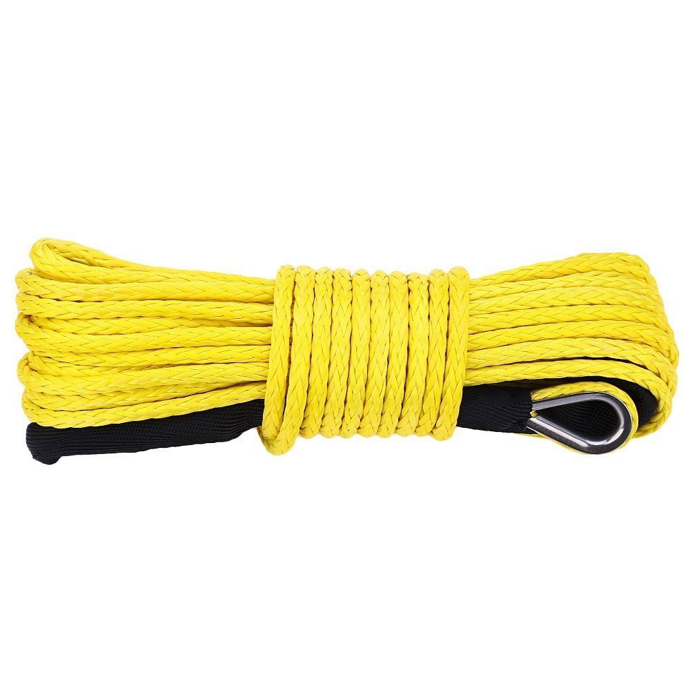 1/4 x 50' 7500-7700 lbs. synthetic ATV winch line featuring a durable yellow rope with a sturdy metal hook, ideal for enhancing ATV winch systems.