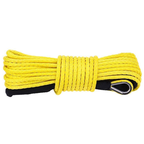 1/4 x 50' 7500-7700 lbs. synthetic ATV winch line featuring a durable yellow rope with a sturdy metal hook, ideal for enhancing ATV winch systems.