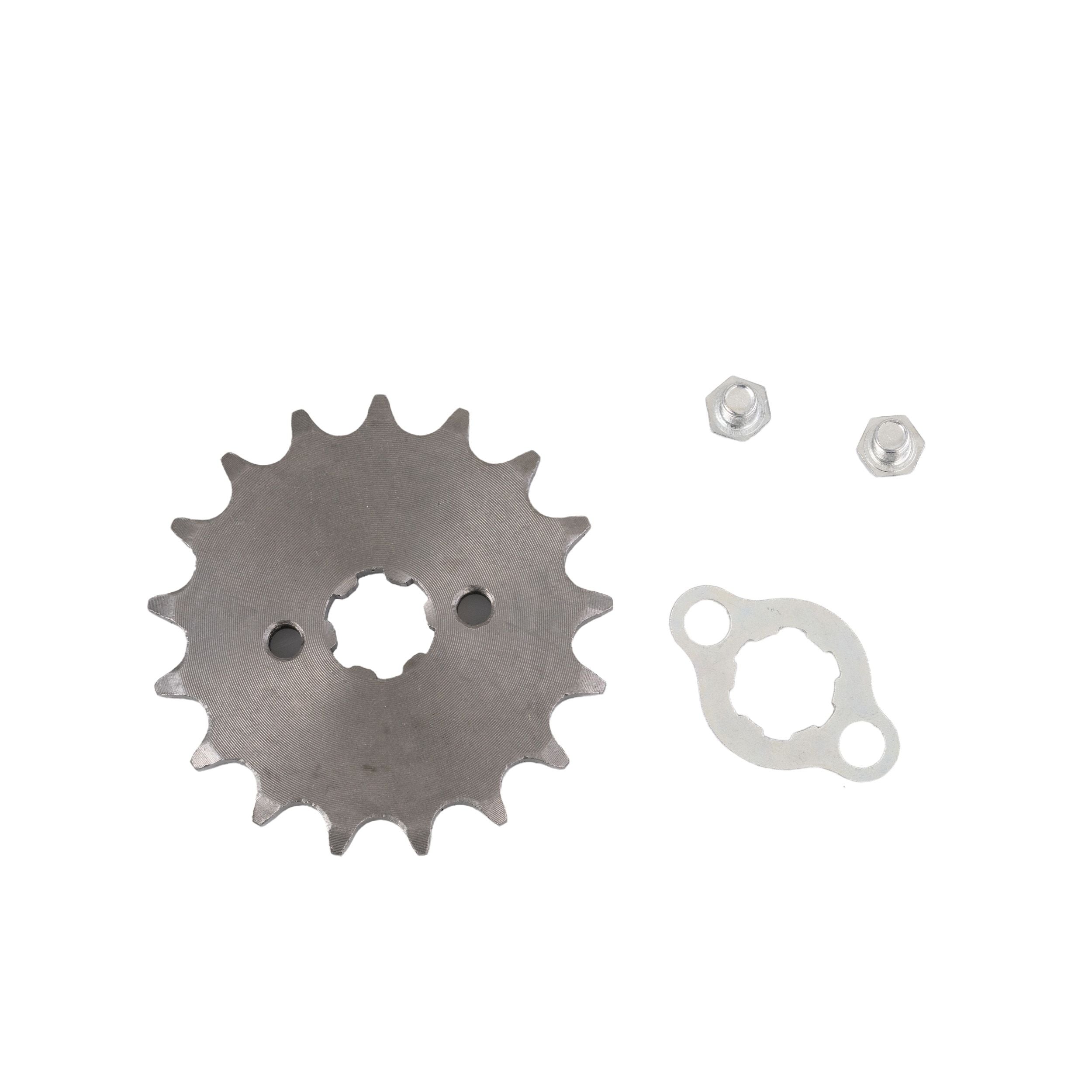 17 Tooth #428 Chain Sprocket for TaoTao & Honda Dirt Bikes & ATV's, featuring a gear with mounting bolts and retainer piece, shown close-up with detailed metal teeth and screws.