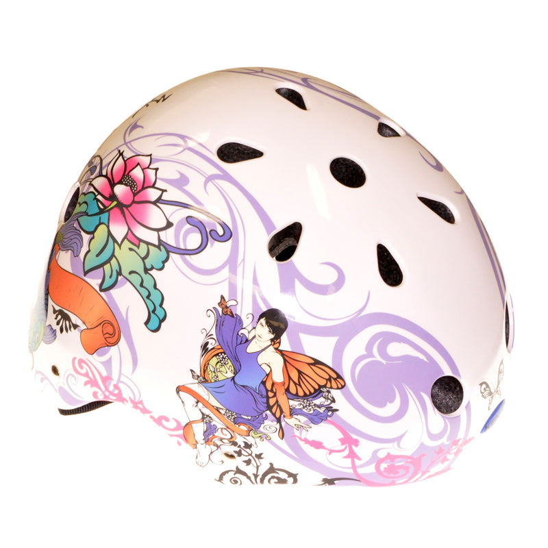 Youth-Size V11 Aggressive Helmet with Spirit Graphics, featuring manga-inspired designs of lotus blossoms, swimming carp, and winged sprites. Includes 11 vents, quick-fasten buckles, adjustable chin strap, and extra foam pads.