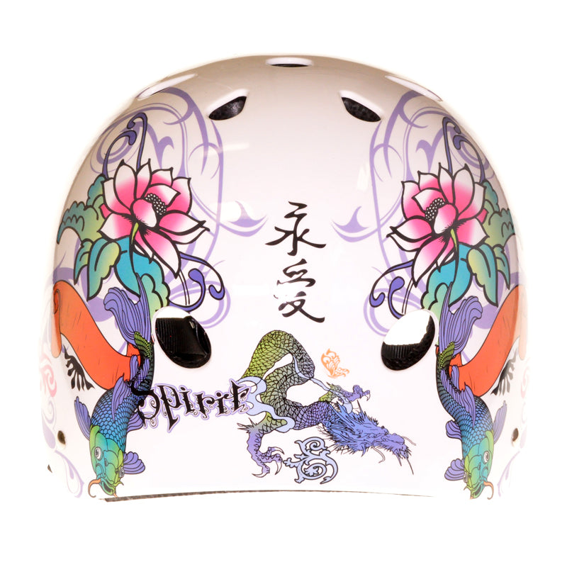 Youth-Size V11 Aggressive Helmet with Spirit Graphics featuring lotus blossoms, swimming carp, and winged sprites, designed for 8 to 14-year-old skaters, with 11 vents and quick-fasten buckles for comfort and safety.