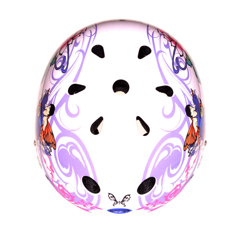 Youth-Size V11 Aggressive Helmet with Spirit Graphics featuring manga-style lotus blossoms, swimming carp, and winged sprites, designed with 11 vents and quick-fasten side release buckles for skaters, boarders, bikers, and scooterists.