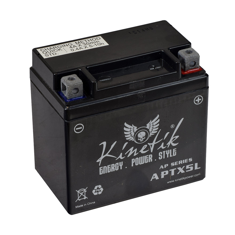 12 Volt YTX5L AGM Battery for Coleman AT125-B, AT125-EX, AT125-UT, & TaoTao Raptor 200 ATVs, featuring grey terminals and white recycle symbol on the black surface.