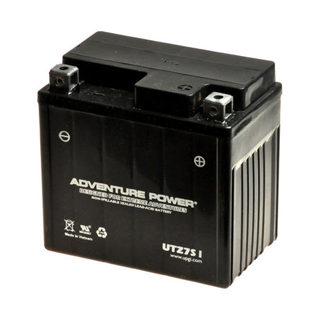 12 Volt APTZ7S (YTZ7S Replacement) Sealed AGM Scooter, ATV, and Dirt Bike Battery, black rectangular design with white text, terminals visible; negative on left, positive on right.