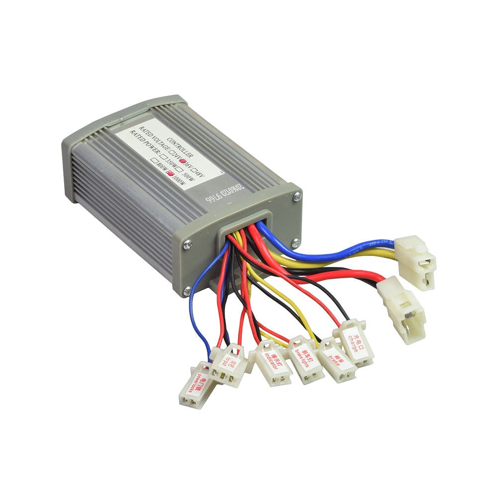 Electric Scooter Parts: 36 Volt 1000 Watt Universal Speed & Voltage Controller for Scooters, Bikes, & Go-Karts, featuring a compact grey box with multiple colorful wires connected.