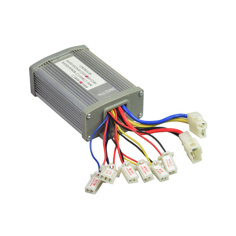 Electric Scooter Parts: 36 Volt 1000 Watt Universal Speed & Voltage Controller for Scooters, Bikes, & Go-Karts, featuring a compact grey box with multiple colorful wires connected.