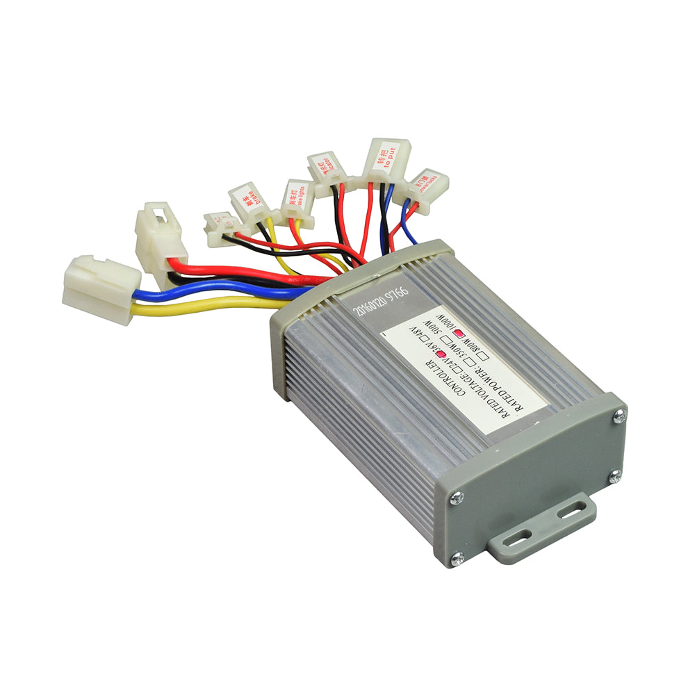 Electric Scooter Parts: 36 Volt 1000 Watt Universal Speed & Voltage Controller for Scooters, Bikes, & Go-Karts, featuring multiple colored wires and connectors for battery, motor, charger, lock, throttle, brake, and lamp.