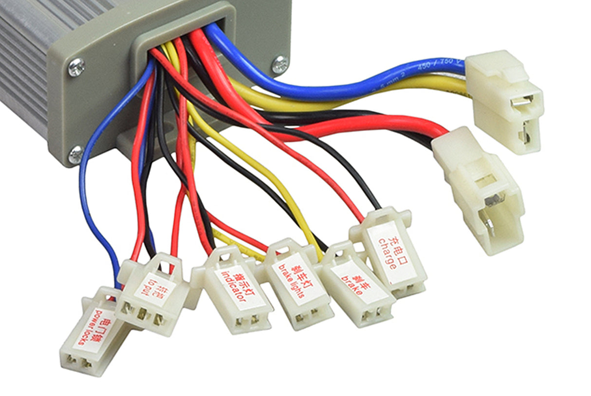 Electric Scooter Parts: 36 Volt 1000 Watt Universal Speed & Voltage Controller for Scooters, Bikes, & Go-Karts, featuring a close-up of colorful wiring connectors essential for battery, motor, and throttle connections.