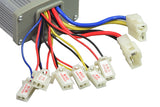 Electric Scooter Parts: 36 Volt 1000 Watt Universal Speed & Voltage Controller for Scooters, Bikes, & Go-Karts, featuring a close-up of colorful wiring connectors essential for battery, motor, and throttle connections.