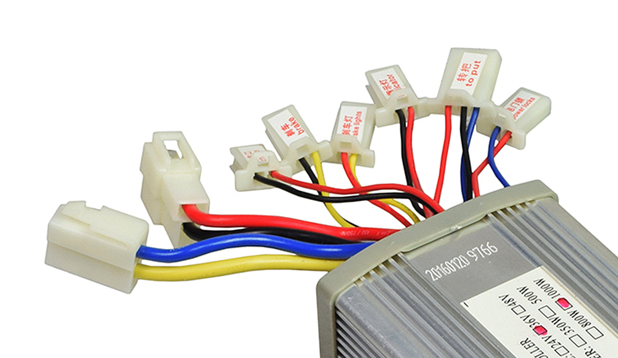 Close-up of wires connected to a 36 Volt 1000 Watt Universal Speed & Voltage Controller for electric scooters, bikes, go-karts, and mopeds.