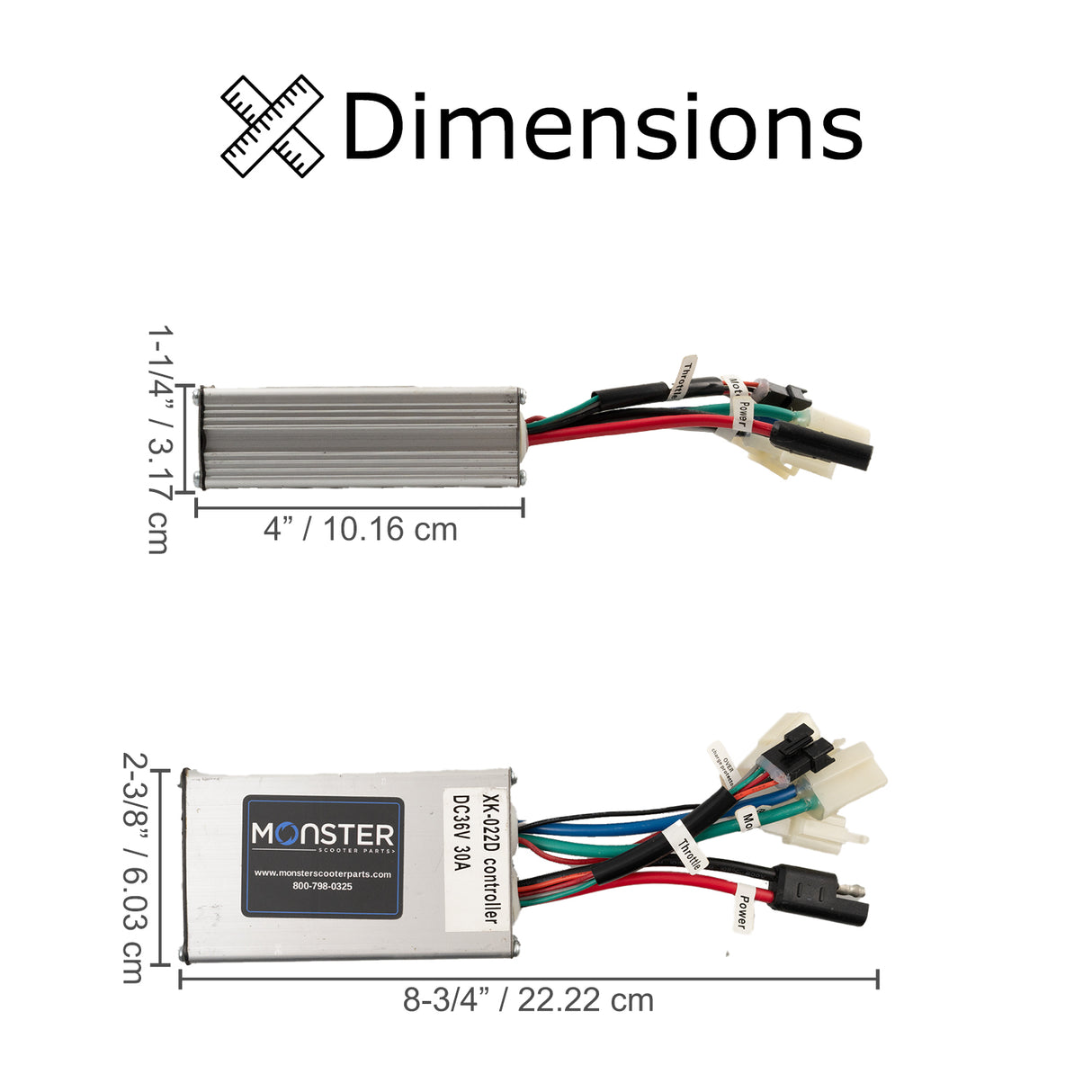 Currie 36 Volt 5-Pin 5-Connector Controller (1000 Series) with visible wires and connectors, designed for eZip, IZIP, GT, Mongoose, and Schwinn Scooters. Features include diagnostic voltage control and waterproof casing.