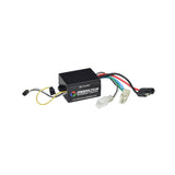 Currie 24 Volt 12A Controller for eZip, iZip, Schwinn, and Mongoose scooters, featuring a black box with wires and various electronic components. Ideal replacement part for Currie 130 series push start models.