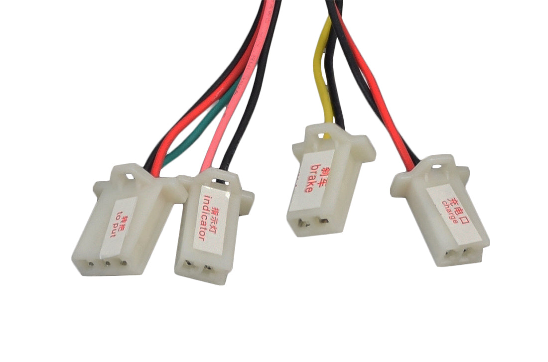 Minimoto Maxii & Motocross XRF500 Controller & Throttle Bundle, featuring multiple colored wires with white connectors, close-up of a white plastic device, and detailed wiring connections.