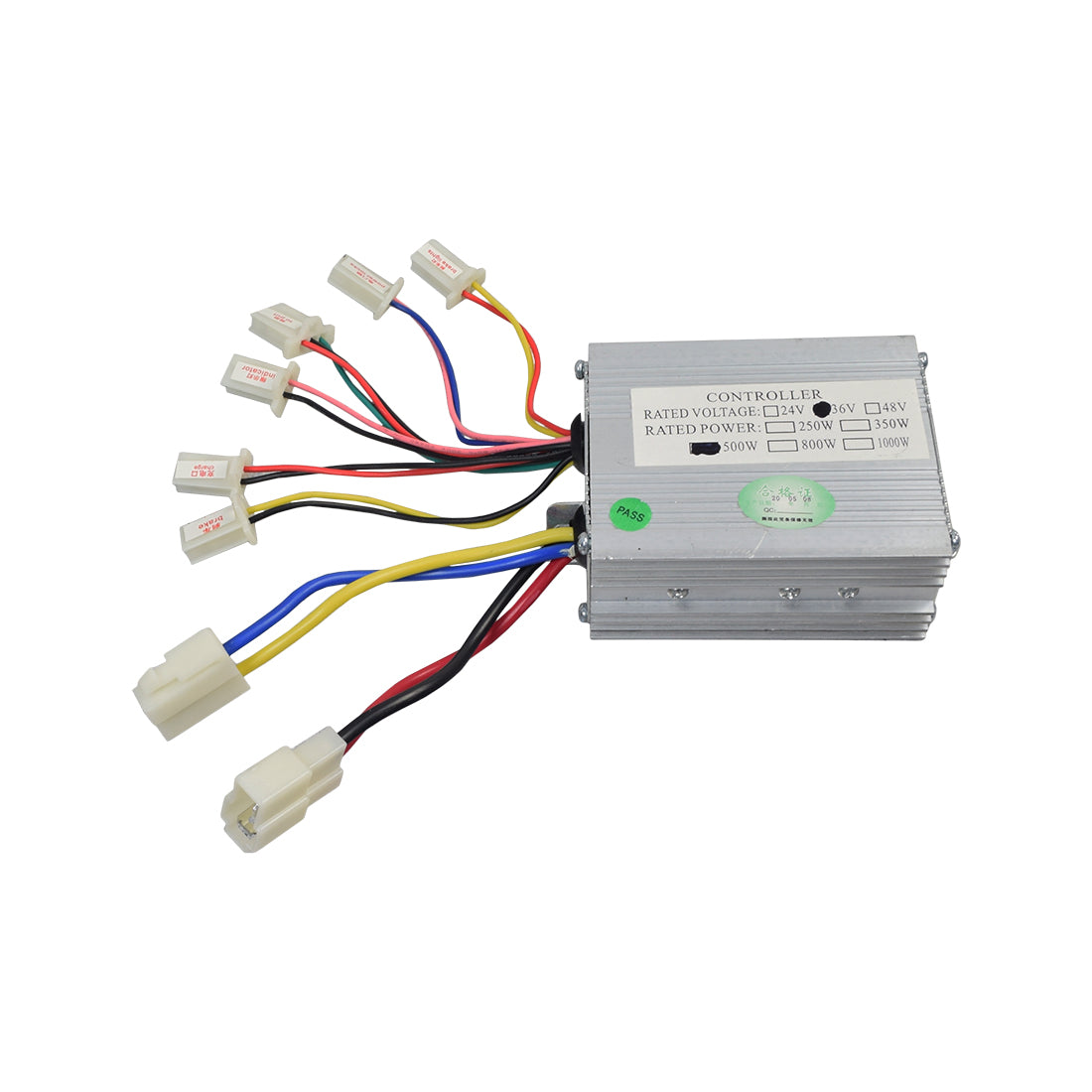 Close-up of a 36 Volt 500 Watt Universal Speed & Voltage Controller for Scooters & Bikes, showing multiple colored wires and white plastic connectors for various functions like battery, motor, and brake lights.