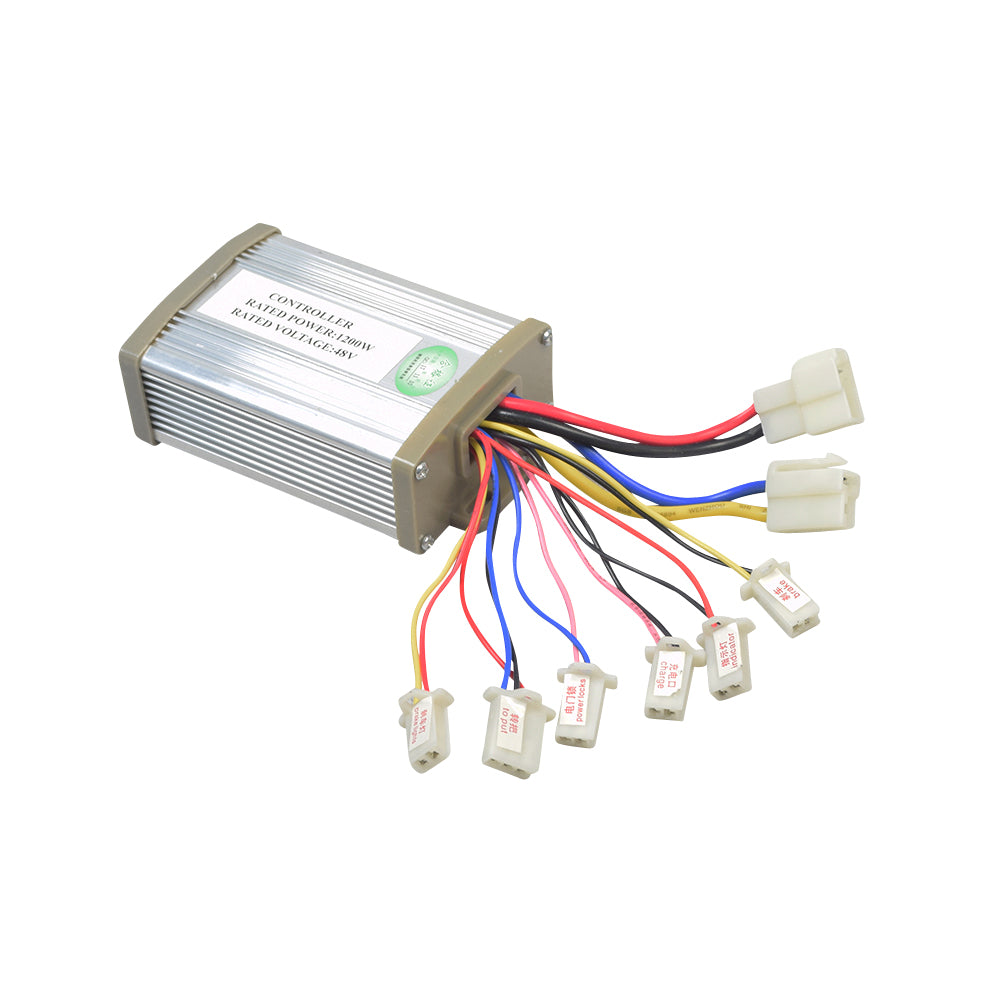 48 Volt 1200 Watt Universal Speed & Voltage Controller for Scooters, Bikes, & Go-Karts, showing various wire connectors and labels in a close-up view of the electronic device.