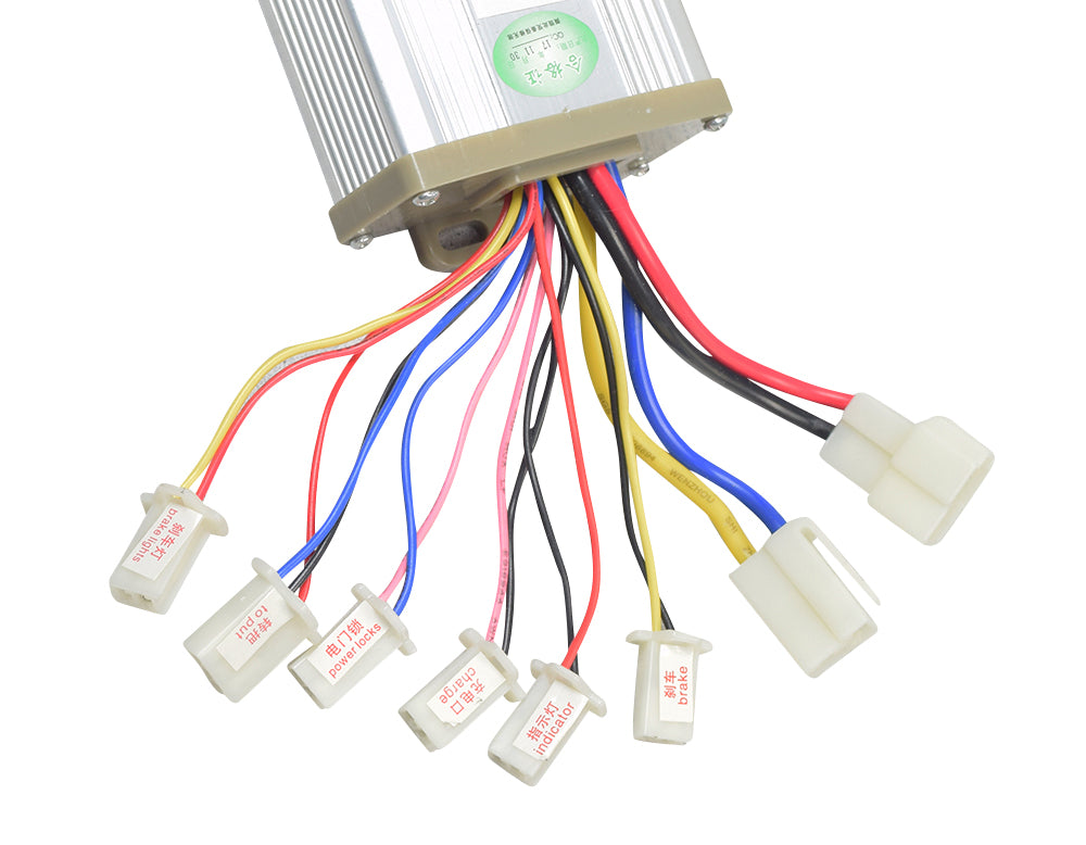 48 Volt 1200 Watt Universal Speed & Voltage Controller for Scooters, Bikes, & Go-Karts, showing close-up of various colored wires and connectors for motor, battery, indicator, power locks, charge, and brakes.