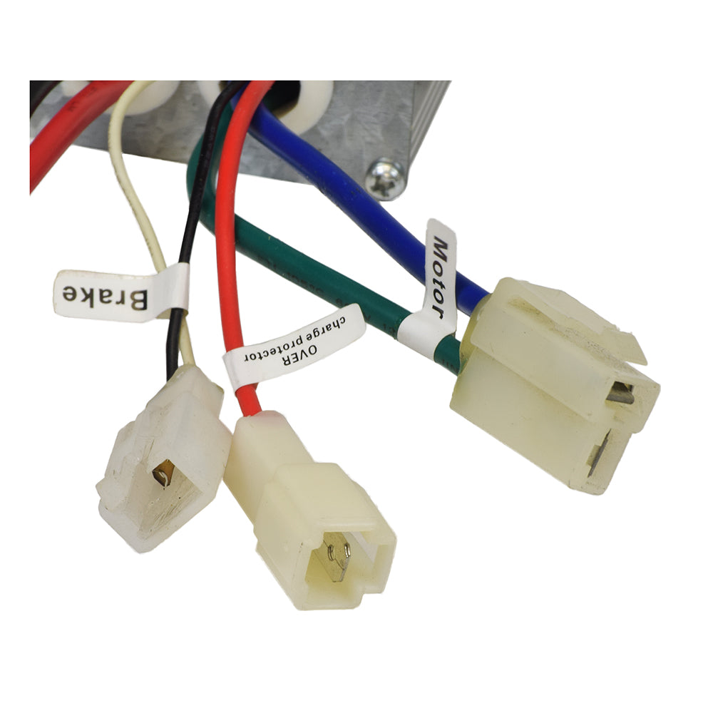 Currie 24 Volt 30A 5-Pin Controller for 400 Series eZip, IZIP, & Schwinn Scooters, showing close-up of connectors and attached labels, highlighting intricate wiring and components.