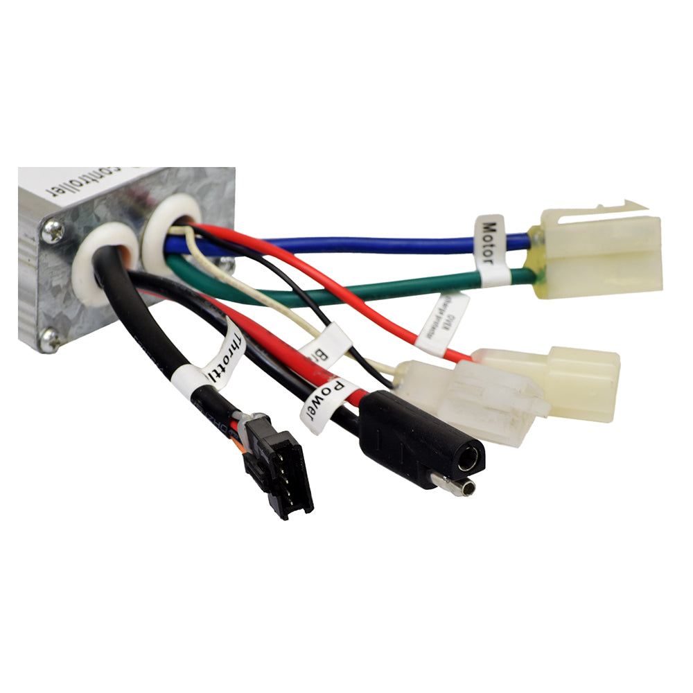 Currie 24 Volt 30A 5-Pin Controller for 400 Series eZip, IZIP, & Schwinn Scooters, featuring several colored wires, connectors, and a compact, waterproof design with visible labels and control panel.