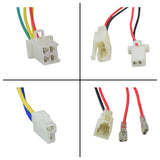 ZK2430-D-FS (ZK2430-D-LD) Control Module with 4-Wire Throttle Connector for Razor E200, E300, MX350/MX400, Pocket Rocket, Pocket Mod, RX200 models, shown with various colored wires and plugs in a collage.