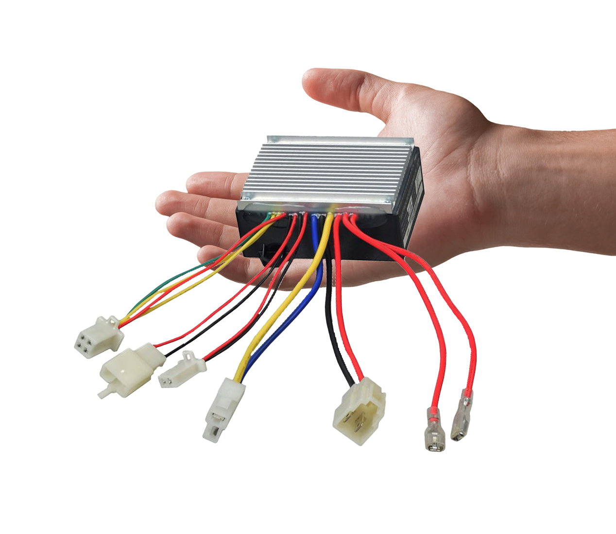 Hand holding ZK2430-D-FS control module with multiple wires, used as a replacement part for Razor E200 (Versions 24+), featuring a 4-wire connection to the throttle.