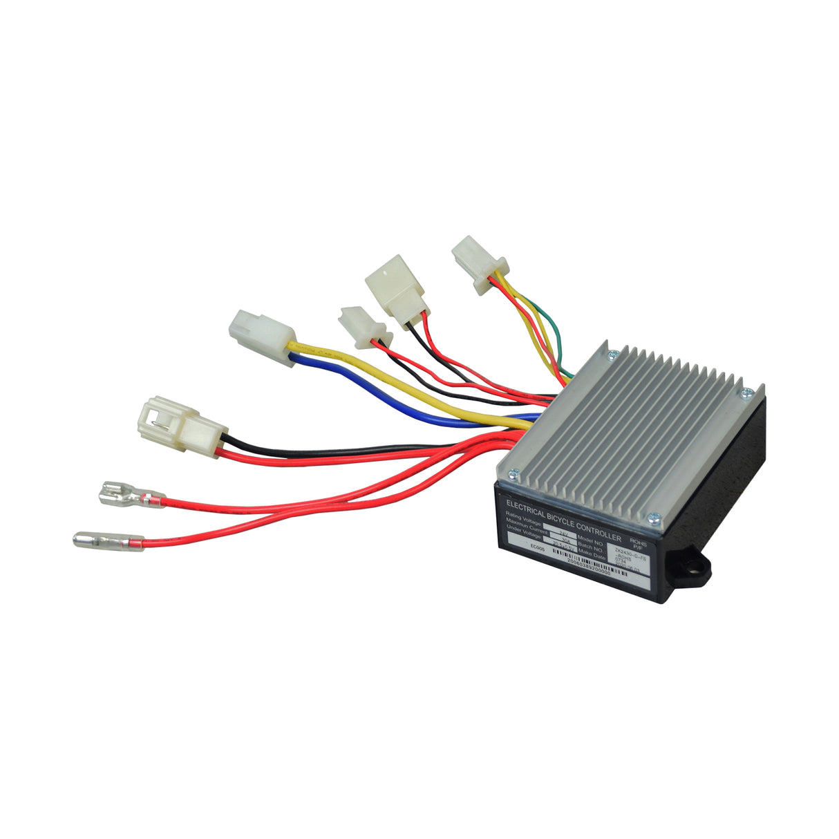 ZK2430D-FS Control Module with 4-Wire Throttle Connector for the Razor Pocket Rocket (Versions 27+), featuring a close-up of the electrical bicycle controller with colorful wires and multiple plugs.