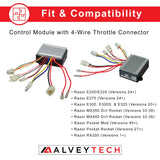 Close-up of the ZK2430-D-FS Control Module with 4-Wire Throttle Connector for the Razor E200 (Versions 24+), showcasing intricate electrical components and wiring connections.