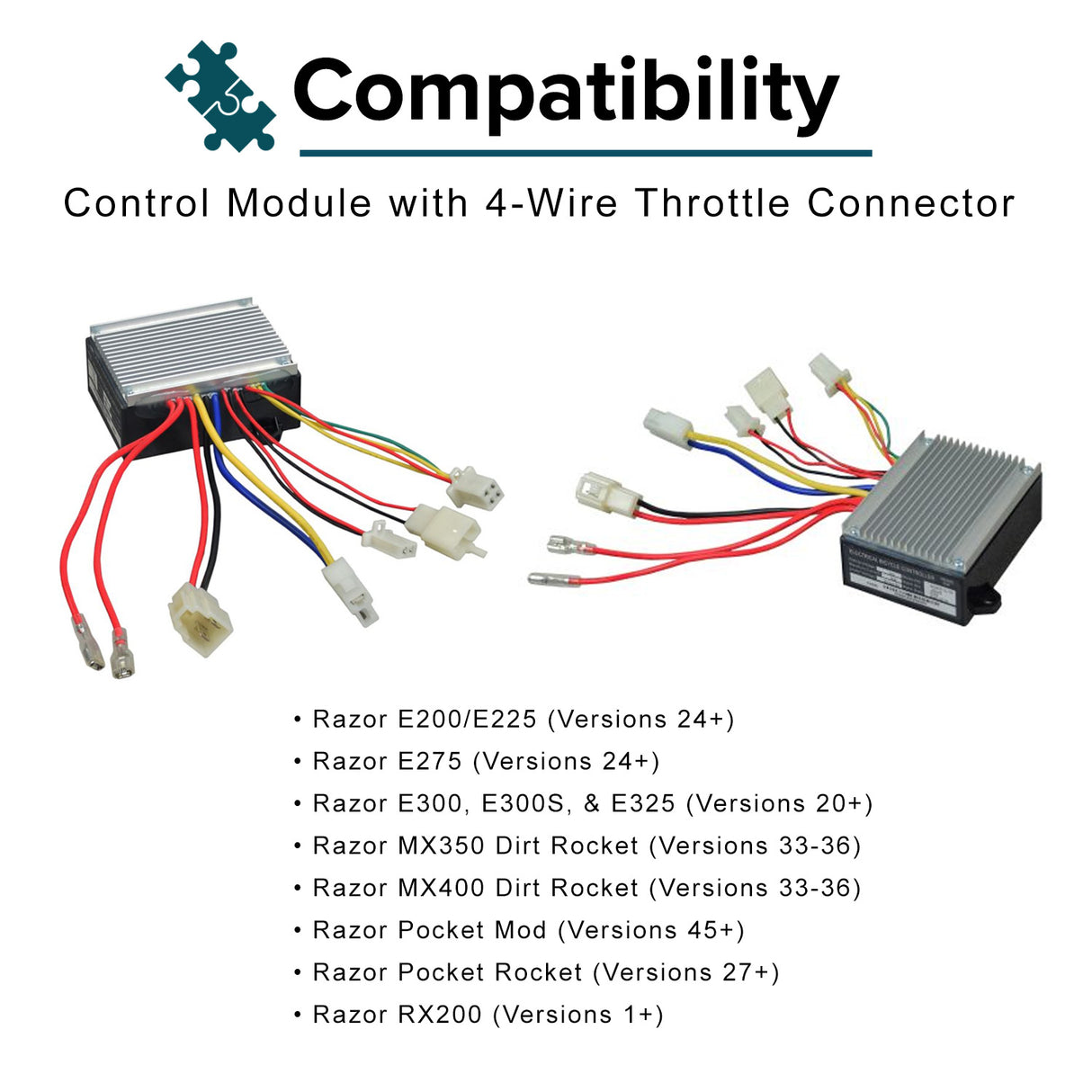 Close-up of the ZK2430HB-FS Throttle & Control Module Bundle for Razor E300, Versions 11 and 13-19, showing various colored wires and connectors.