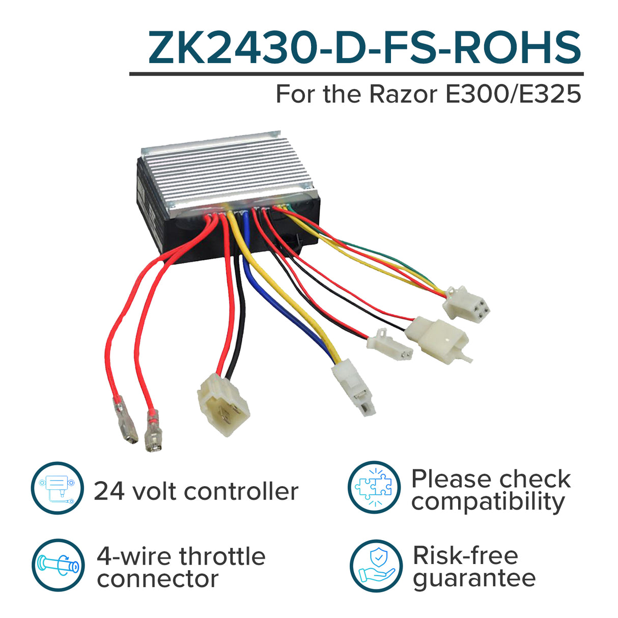 ZK2430HB-FS Throttle & Control Module Bundle for Razor E300, Versions 11 and 13-19, showing a control module with seven connectors and a four-wire throttle with attached cables.