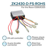 ZK2430HB-FS Throttle & Control Module Bundle for Razor E300, Versions 11 and 13-19, showing a control module with seven connectors and a four-wire throttle with attached cables.