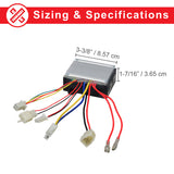 ZK2430-D-FS Control Module with 4-Wire Throttle Connector for Razor E200 (Versions 24+), showing a black box with colorful wires connected, close-up of power supply components, and wiring details.