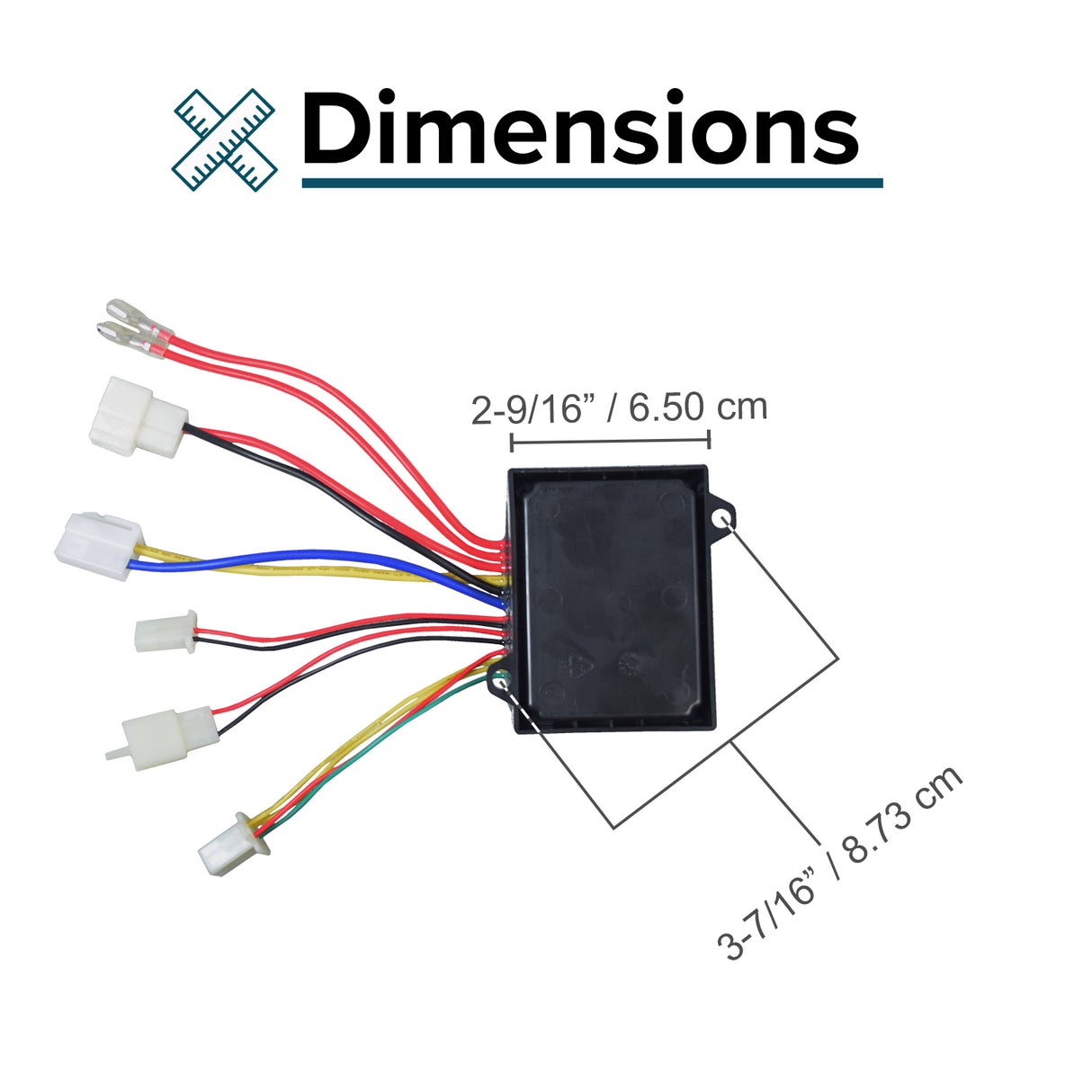 ZK2430D-FS Control Module with 4-Wire Throttle Connector for the Razor E300 (Versions 20+), featuring a black rectangular body, colored wires, and white connectors.