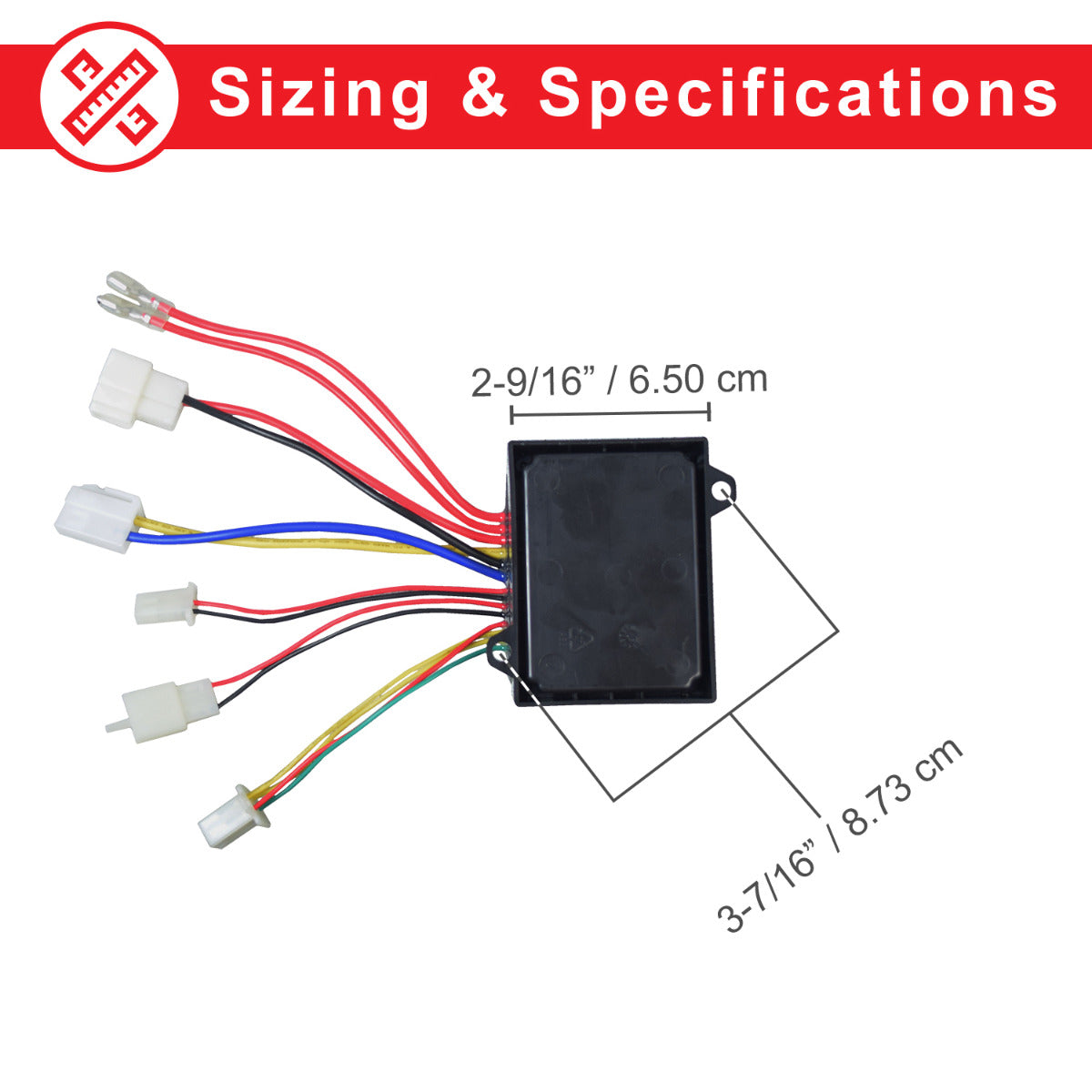 ZK2430D-FS Control Module with 4-Wire Throttle Connector for the Razor Pocket Mod, Versions 45+. Black box with colored wires, designed for Razor models Bella, Betty, Bistro, and others.