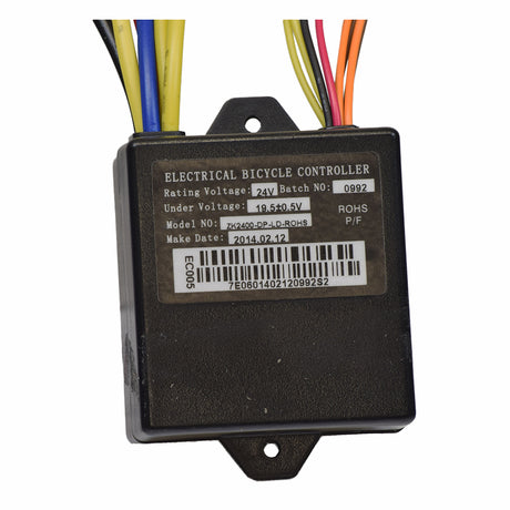 ZK2400-DP-FS-ROHS Control Module with 4-Wire Throttle Connector for Razor Trikke E2, All Versions. The image shows a black electronic device with colorful wires and a barcode.