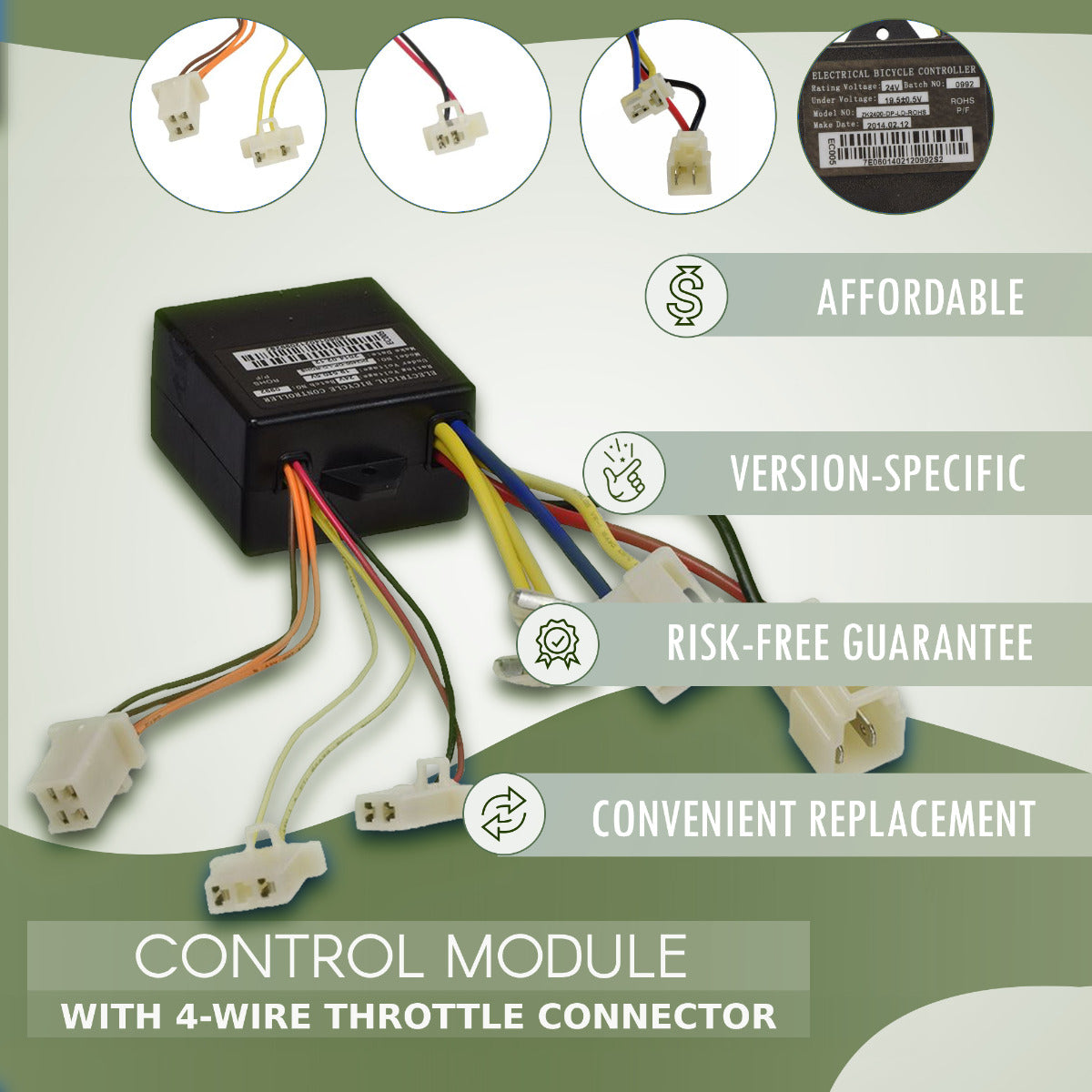 Control Module with 4-Wire Throttle Connector for Razor E175, All Versions. Image shows a black box with multiple colored wires and white connectors, including close-ups of wire details and a circular logo.