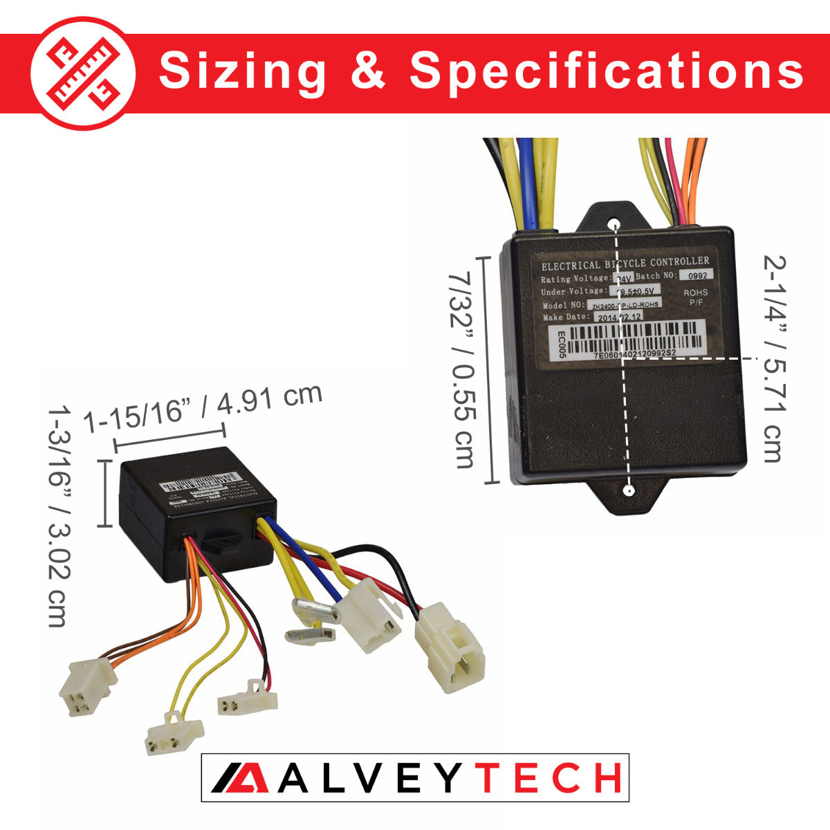 Control Module with 4-Wire Throttle Connector for Razor E175, All Versions, showing a black electronic device with colorful wires and connectors.