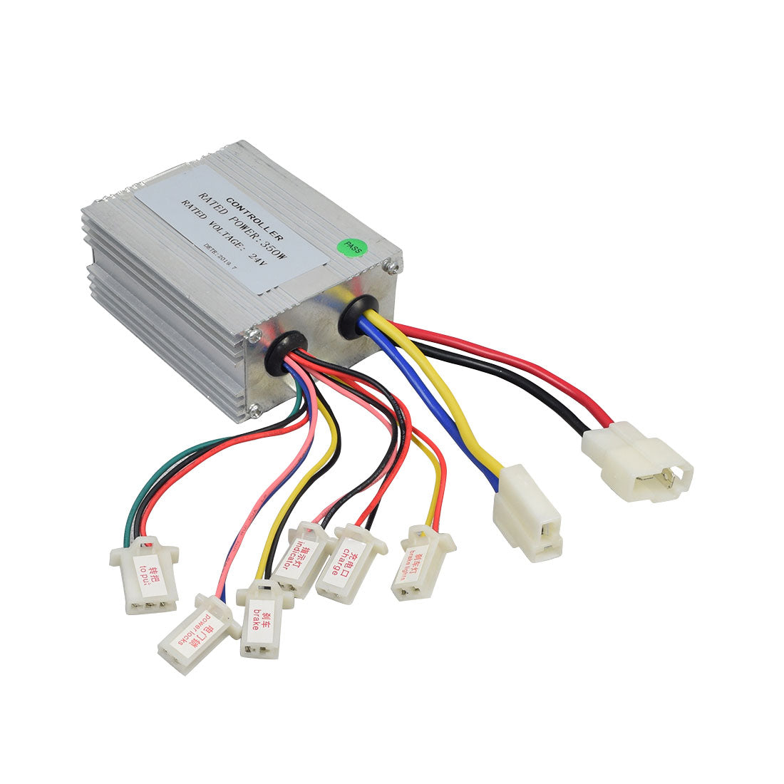 24 Volt 350 Watt Universal Speed & Voltage Controller featuring multiple wire connectors for motor, battery, charge, derailleur, lock, and brake. Close-up views highlight labels, plugs, and colored wiring.