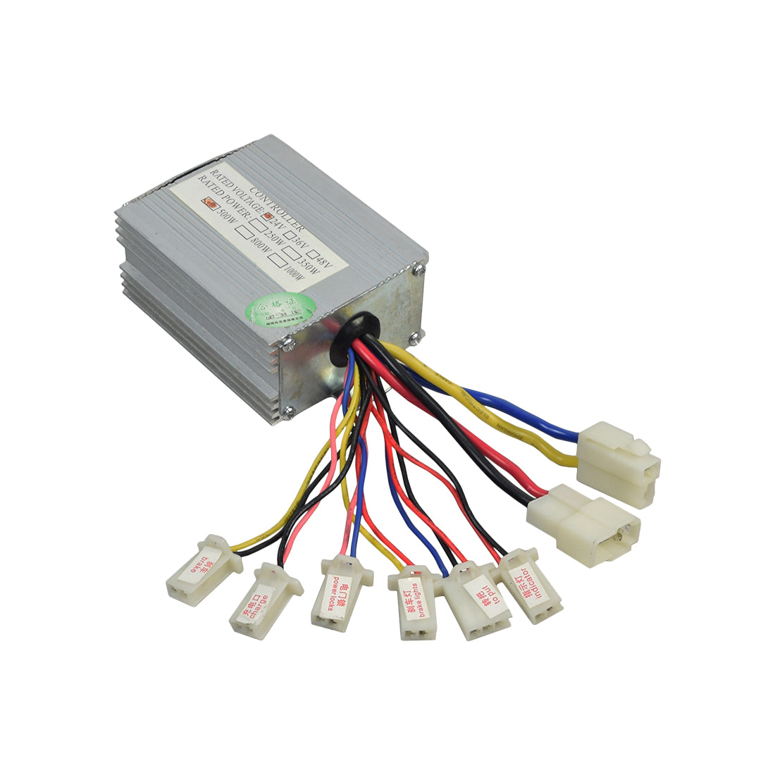 24 Volt 500 Watt Universal Speed & Voltage Controller with multiple colorful wires and connectors visible, designed for electric scooters, bikes, and go karts.