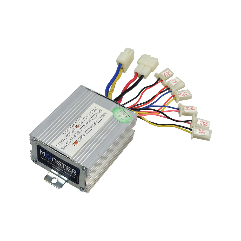 24 Volt 500 Watt Universal Speed & Voltage Controller for electric scooters, bikes, and mopeds, featuring a silver metal box with multiple colored wires and connectors for various components.