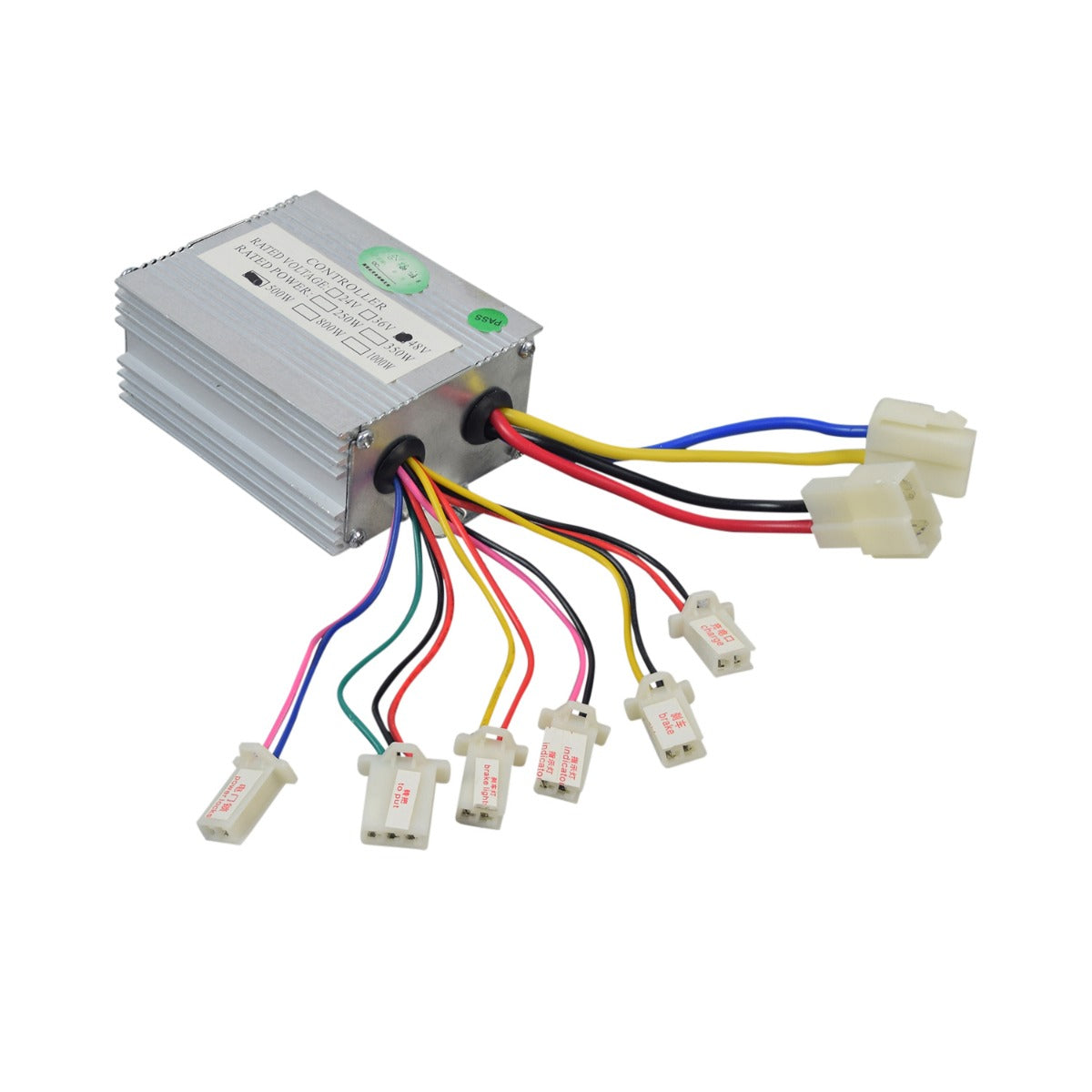 48 Volt 500 Watt Universal Speed & Voltage Controller for Scooters, Bikes, & Go-Karts, showing multiple wires and connectors for motor, battery, indicator, power locks, brake, and charger.