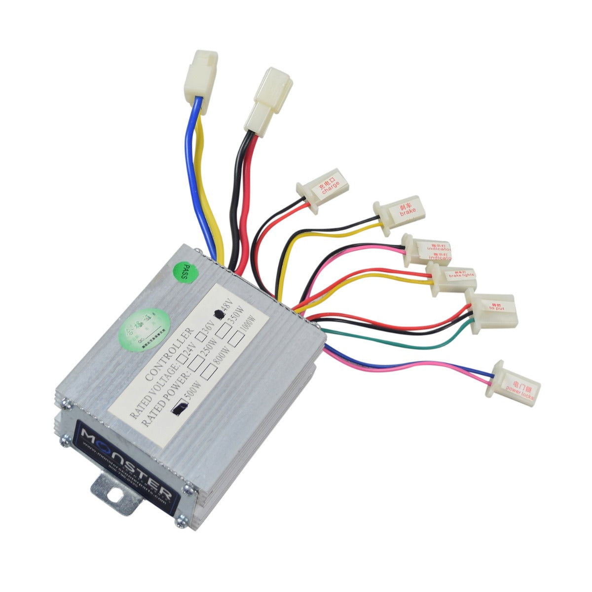 48 Volt 500 Watt Universal Speed & Voltage Controller for Scooters, Bikes, & Go-Karts, featuring multiple wires and connectors for motor, battery, indicator, power locks, brake, and charger.