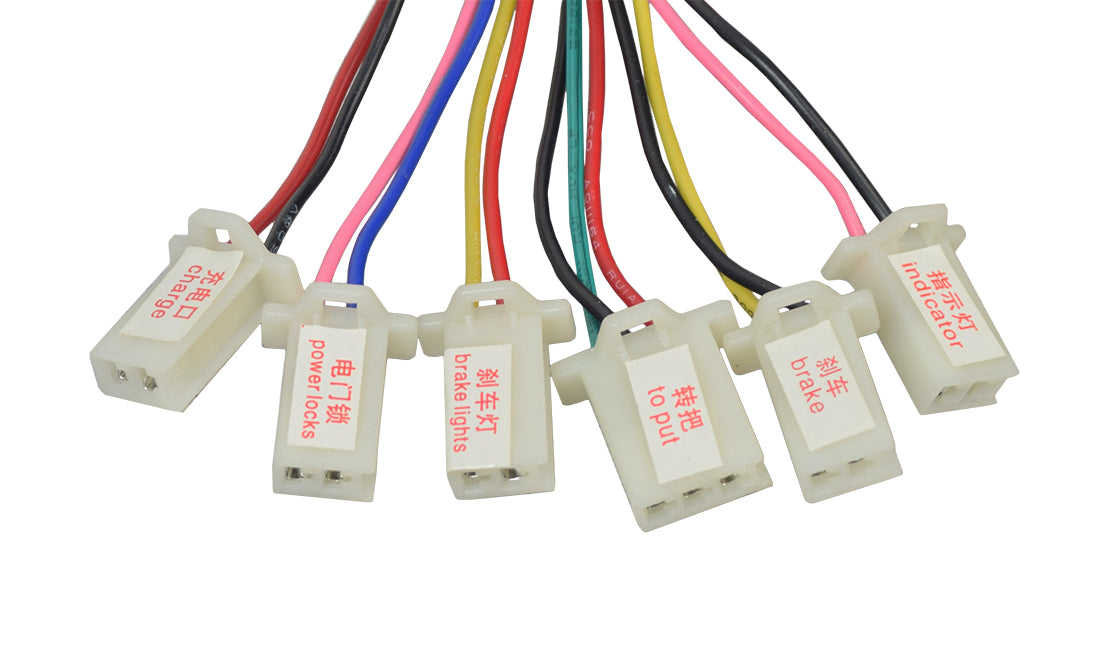 18 Volt Speed & Voltage Controller for Minimoto Sport Racer, showing multiple colored wires with white connectors and tags, designed for easy installation with various compatible connectors.